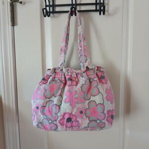Retro Pink & Grey floral insulated canvas lunch tote 70s style flowers 90s vibes